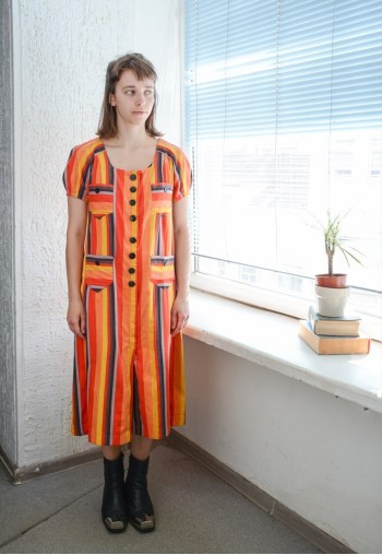 Vintage 70's Bohemian Orange Cotton Striped Midi Dress