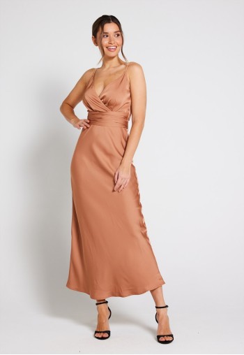 Louisa Tie Waist Cami Wrap Maxi Dress in Almond