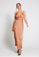 Louisa Tie Waist Cami Wrap Maxi Dress in Almond