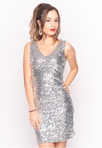 Plain Sliver color Sequin V-neck Sleeveless Party Dress
